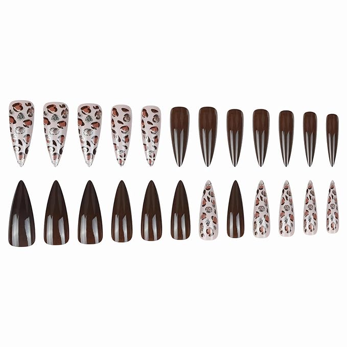 MISUD Press on Nails - Long Stiletto Fake Nails with Brown Leopard, Acrylic Bling Glitter Design 24 pcs