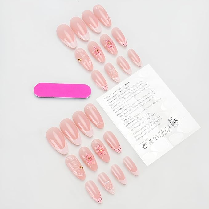 French Tip Press on Nails Medium Almond Fake Nails Flower False Nails Glossy Full Cover Nails Press Ons with Pearl Design Nude White Glue on Nail DIY Acrylic Stick on Nail for Women 24Pcs