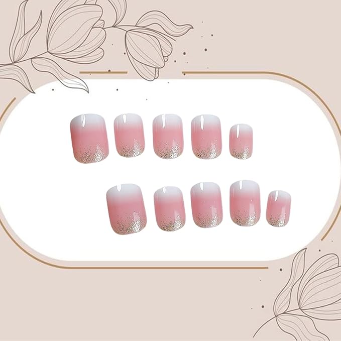 24 Pcs French Tip Press on Nails Short Square Pink White Gradient Fake Nails with Glitter Designs Reusable False Nails Glossy Glue on Nails Full Cover Artificial Nails for Women Girl