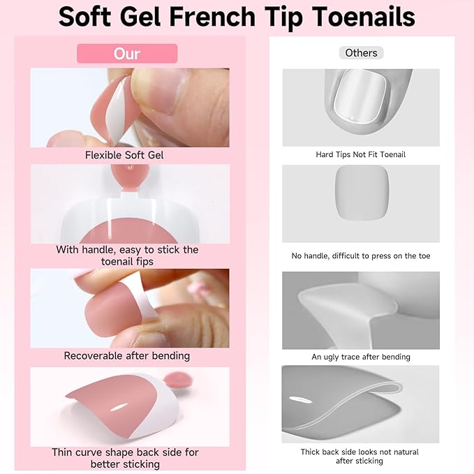 Toe Press On Nails Set,240PCS Short Square False Toenails Kit, Nude French Tip Stick On Toenails Glossy Full Cover Acrylic False Toe Nails For Women Girls Nail Art DIY Gift