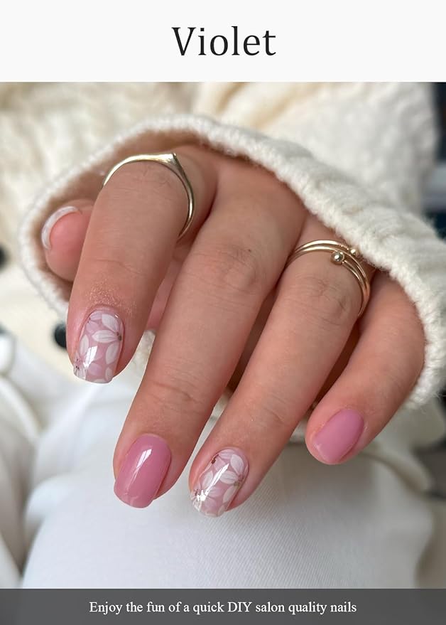 Semi Cured Gel Nail Strips (Violet), Pink Flower, 20 Pcs Gel Nail Wraps, Stickers, Salon Quality, Long Lasting, Works with Any UV Lamps