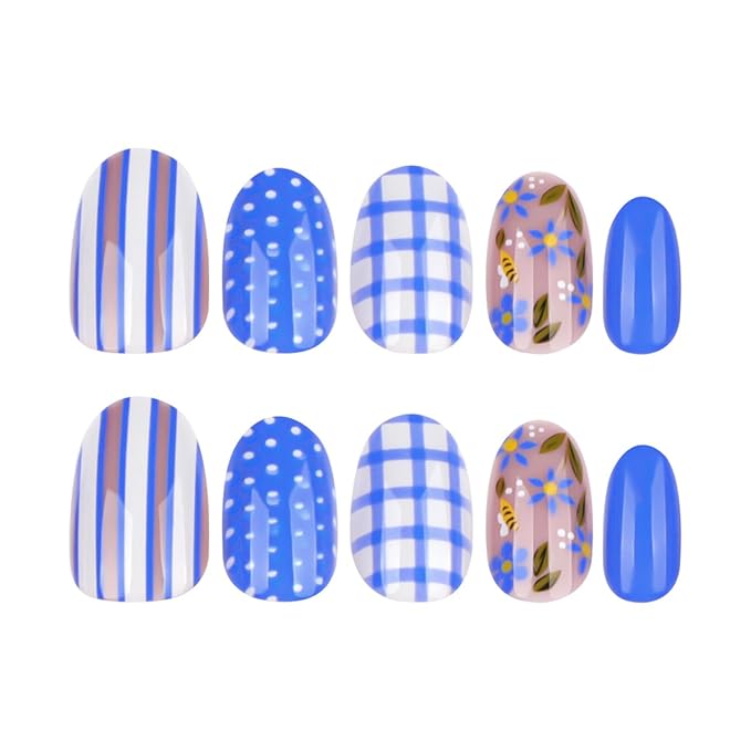 Blue Press on Nails Short Oval Fake Nails Spring Summer Nails Press ons with Blue Gingham,Polka Dot Design,Reusable Artificial Nails Full Cover Stick on Nails for Women Manicure 24Pcs