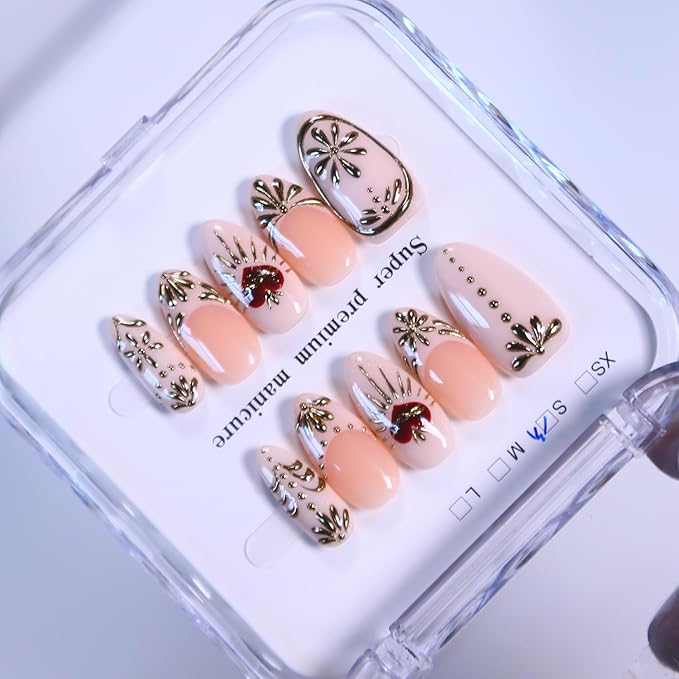 Press On Nails - Short Almond Handmade Unique Fake Nails, Artistic Design, Thick Acrylic and Muti-Layer Gel False Nails, Reusable Gel durable Oval 3D Fake Nails (Size M)