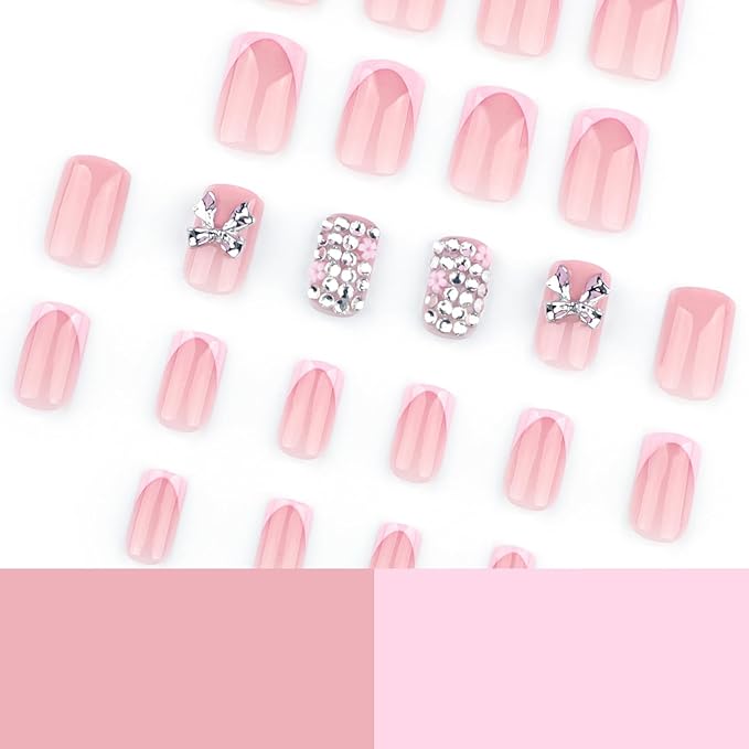 French Tip Press On Nails Short Square Pink Fake Nails False Nails with Designs Rhinestones Gold Bow Charms Flower Glossy Glue On Acrylic Nails 24 Pcs