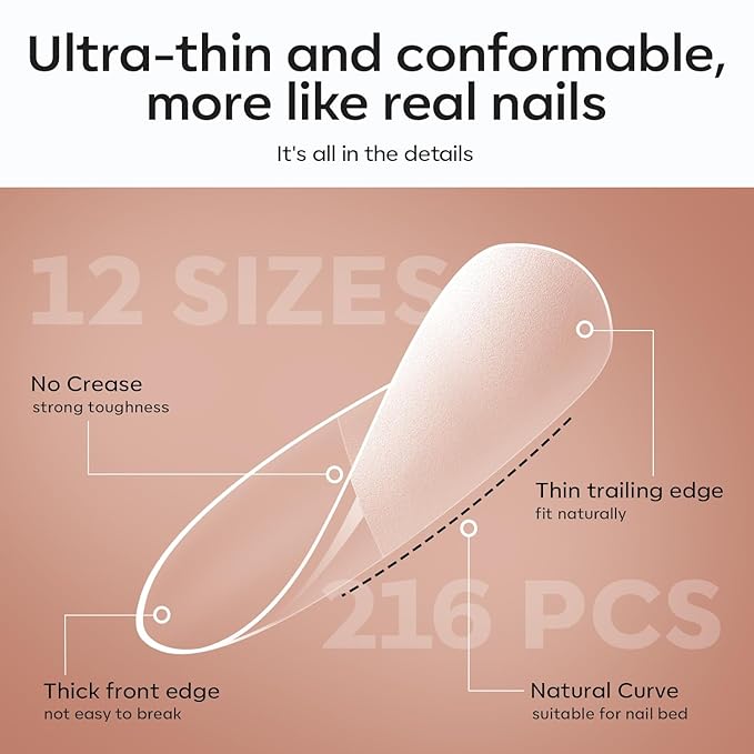 modelones Short Almond Gel Nail Tips Kit, 9-in-One Nail Glue with Portable U V Lamp 216Pcs 12Sizes Pre-Etched Press ons Fake Acrylic Extension Kit DIY Salon Gift for Women