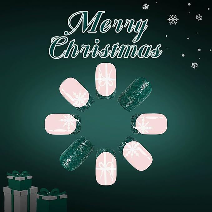 Christmas Press on Nails Medium Square Fake Nails with Bow Snowflake Designs Green French Tip Xmas False Nail Winter Acrylic Stick on Nail for Women 24 Pcs