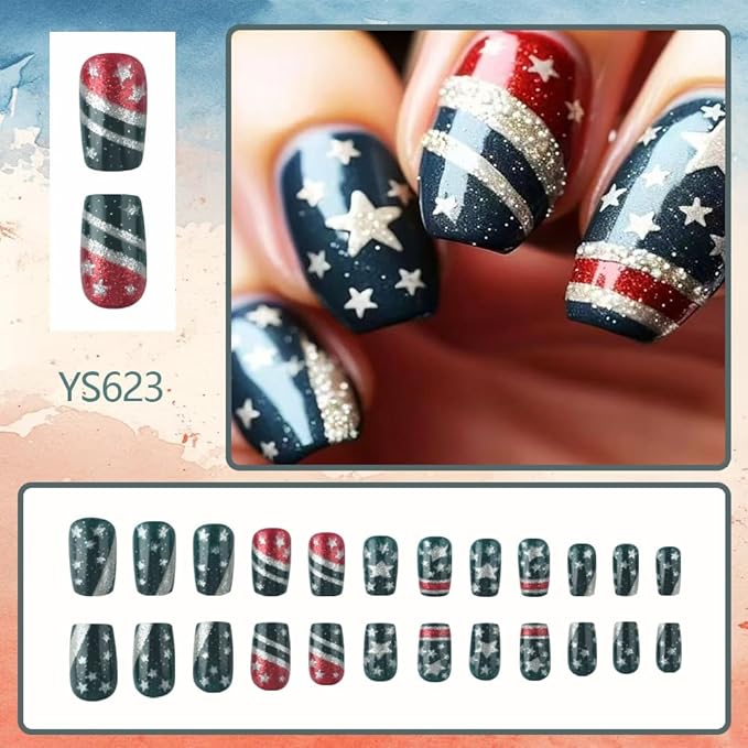 24Pcs Short Press on Nails Independence Day Nails Press ons Square Fake Nails with Glitter & Stripe Designs Full Cover Stick on Nails Patriotic False Nails for Women 4th of July