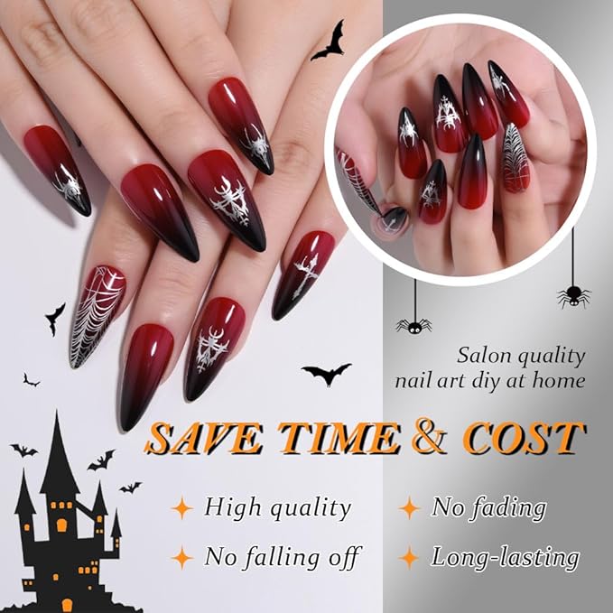 Halloween Ombre Press on Nails Medium Almond with Cobweb Design, Medium Almond Red Black Ombre Artificial Fake Nails with Designs, Perfectly Fit Soft Gel Full Cover Glossy Stick on Nail for Women