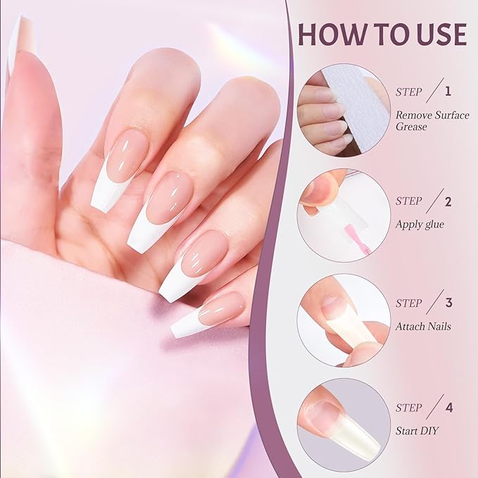 Ranrose 504PCS Fake Nails, French Tip Soft Gel Nail Tips 12 Sizes Acrylic Nail Kit Half Cover False Nails Manicure with Box for Nail Extensions Art White Press on Nails DIY Beginners