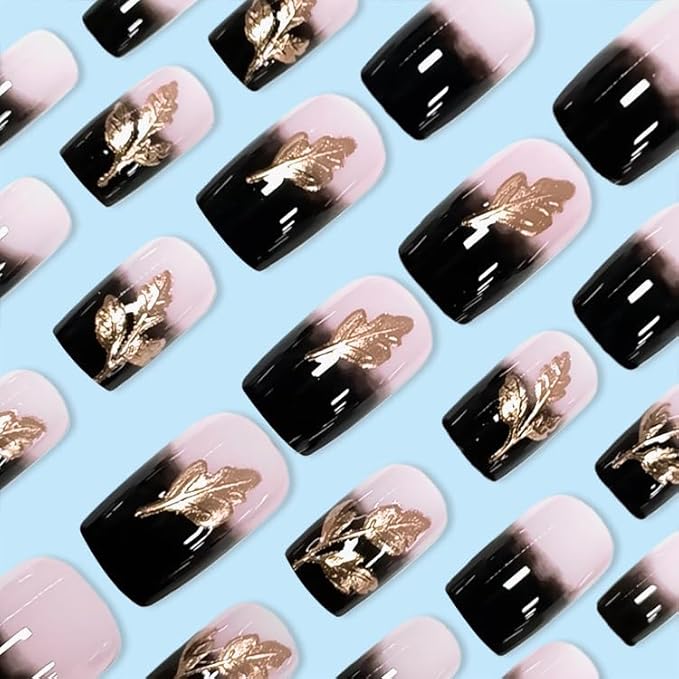 Gold Leaf Press on Nails Medium Square Fake Nails Black Ombre False Nails 3D Golden Leaves Glue on Nail Glossy Gradient Acrylic Nails for Women Girls 24Pcs
