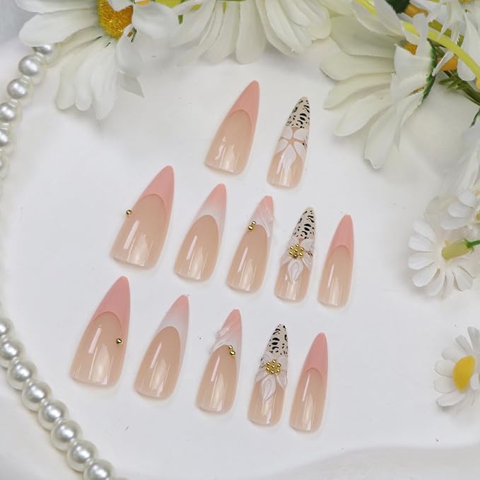 Long Press on Nails Stiletto Leopard Print Pink White French Tip Fake Nails Press ons Flower Golden Steel Balls Designs Cute Glossy Almond Glue on Nail for Women 24 Pcs