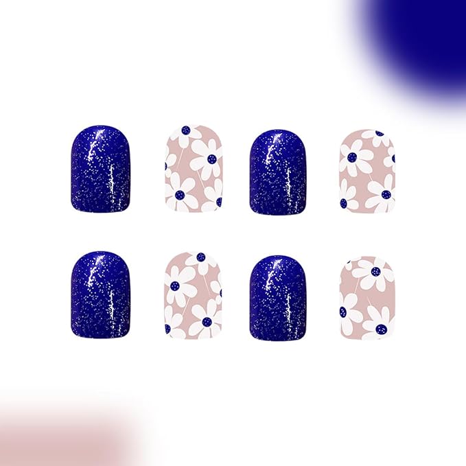 Blue Press on Nails Short Square Fake Nails Flower False Nails Spring Summer Press ons with Floral Designs Reusable Acrylic Nails Glossy Full Cover Artificial Stick on Nails for Women Manicure 24 Pcs
