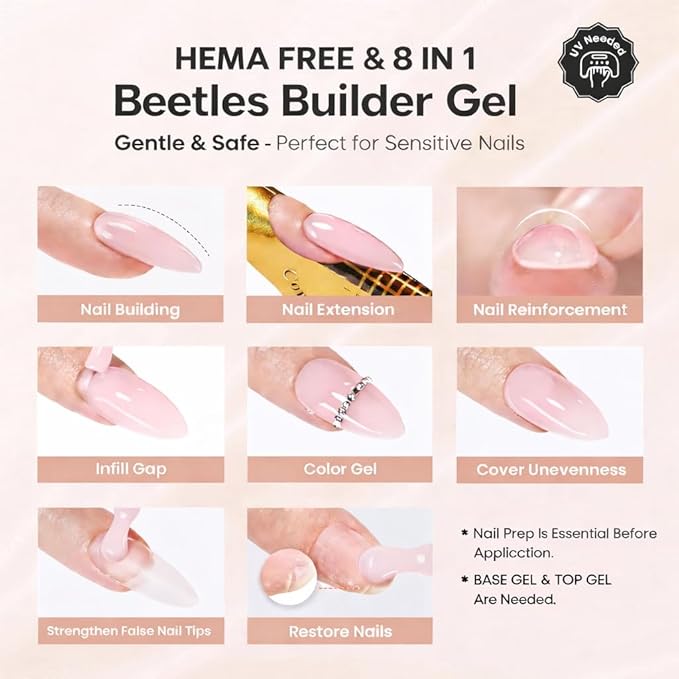 Beetles Builder Gel Kit HEMA Free & Handheld Nail Lamp, 8 in 1 Nail Thickening Strengthening Building Apex for Beginner DIY Salon at Home with Base & Top Coat,Clear Natural Nude Builder Nail Gel