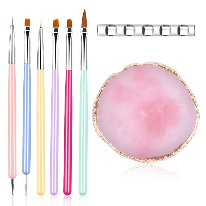 Resin Nail Art Palette with 6 PCS Nail Art Brushes,Nail Polish Mixing Palette Nail Design Brush Sets, Professional Nail Art Tools for Drawing Painting 3D Design Salon & DIY Use