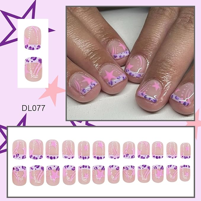 Extra Short Press on Nails Square Fake Nails Leopard French Tip False Nails Press ons with Pink Star Designs Acrylic Nails Full Cover Glue on Nails Artificial Stick on Nails for Women Manicure 24Pcs