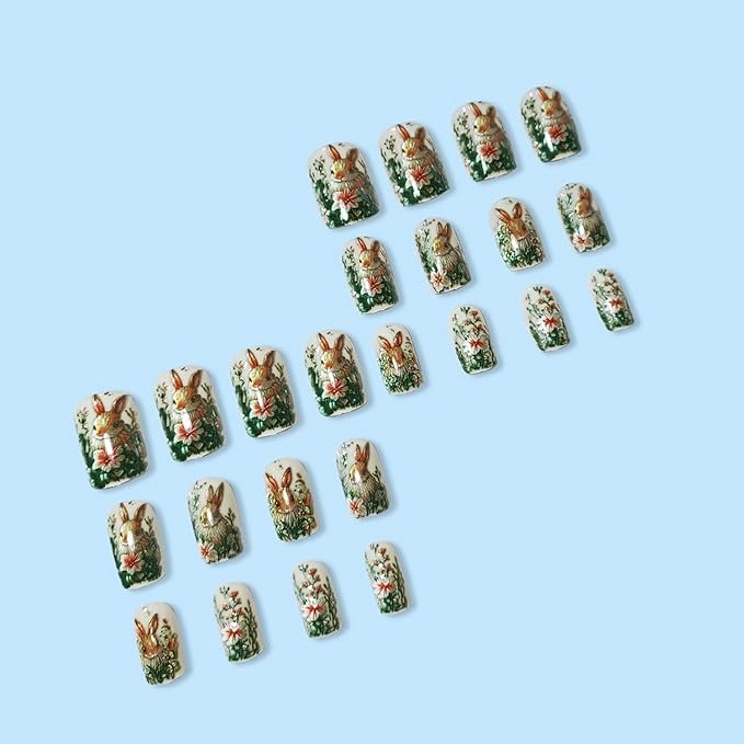 24 Pcs Easter Medium Square Shaped Press on Nails with Cute Bunny Design Embossed Acrylic Nails Spring Pink White Flower False Nails Full Cover Easter Rabbit Stick on Nails for Women Nail Art Manicure