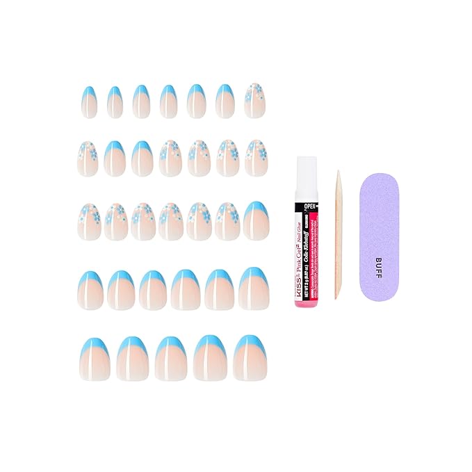 KISS CORE, Press On Nails, Nail glue included, 'Tune', Blue, Short Size, Almond Shape, Includes 32 Nails, 2g Glue, 1 Manicure Stick, 1 Mini File