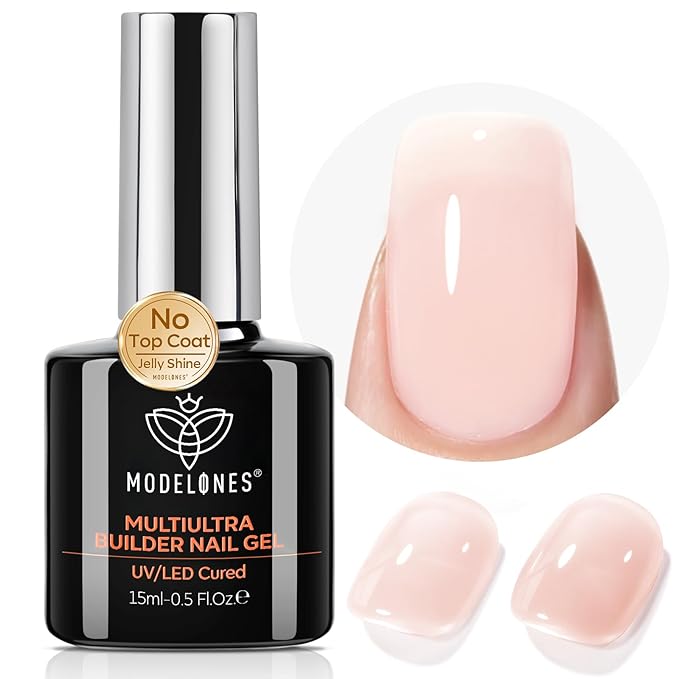 modelones Builder Nail Gel, Builder for Nails No Top Coat Needed, Sheer Nude Pink, C-Curve Sculpting, Glossy Jelly Finish Sheer Light Pink, No-Wipe, 9-in-One LED Lamp Cured Color Gel Polish