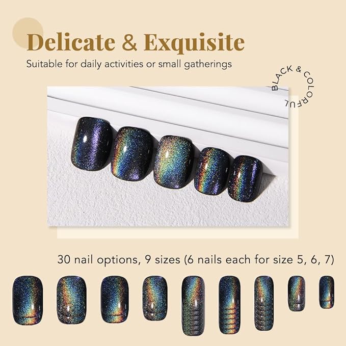 evpct Black Chrome Cat Eye Short Press on Nails Square, Short Square Stick on Nails for Women Gift, Black Metallic Glitter Glossy Reusable Spring Summer Soft Gel Press on Acrylic Fake Nail with Design
