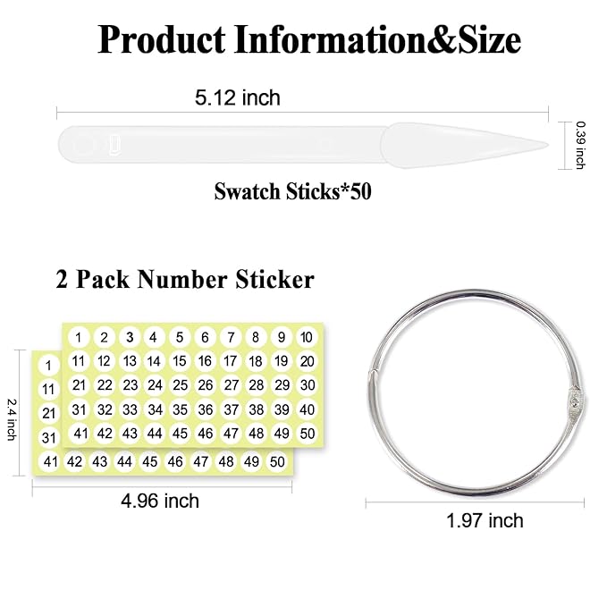 SIUSIO 50 Pcs Stiletto Nail Swatch Sticks with Metal Split Ring and Numbered Tips - Clear Fan-shaped Color Display for Nail Art Polish Practice