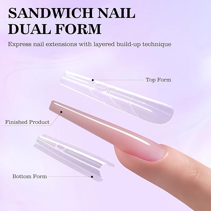 240 PCS Sandwich Nail Dual Forms, 14 Sizes Nail Tips for Builder Gel, Dual Forms for Polygel, Nail Extension for Beginner & Professional, Create Salon Quality Nail Art at Home (Trapezoidal)