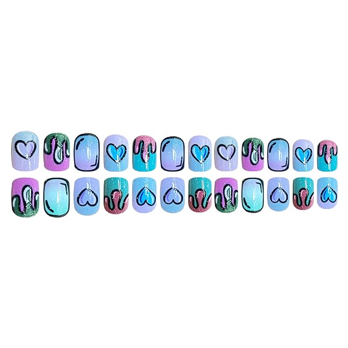 Square Press on Nails Short Fake Nails with Designs Colorful Heart Stick on Nail Black Lines Acrylic False Nail French Glossy Artificial Nail Full Cover Glue on Nails for Women