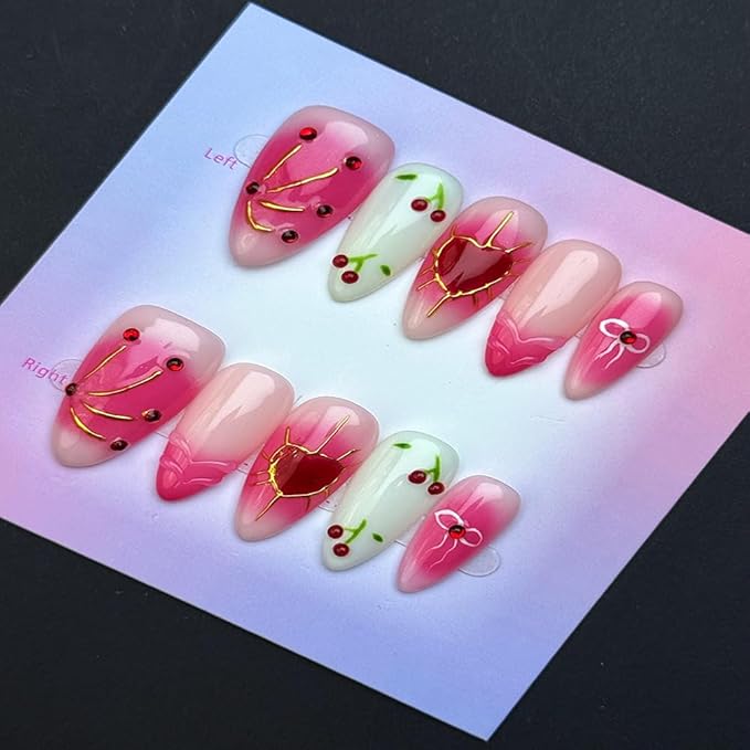 100% Handmade Press on Nails Medium Almond Handmade Nails with Hearts Bow Design Pink Fake Nails Glossy Gold Lines Nail Press ons Reusable Spring Summer Valentine Acrylic Nails for Women Size L 10Pcs