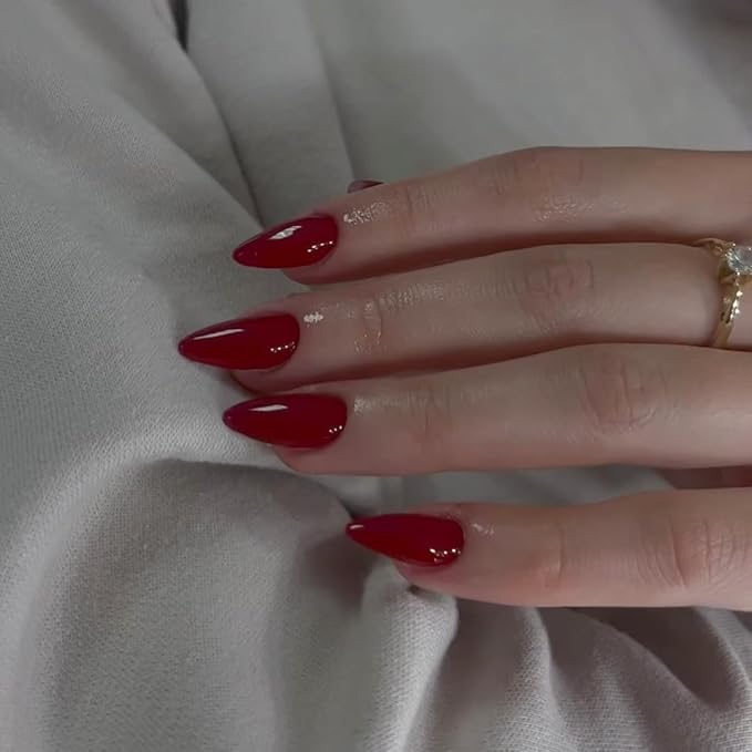 Red Wine Press On Almond Shaped Medium Nails - Neutral Acrylic, Reusable Fake Nails for Women Girls, Glue On Stiletto False Nails, Soft Gel Artificial