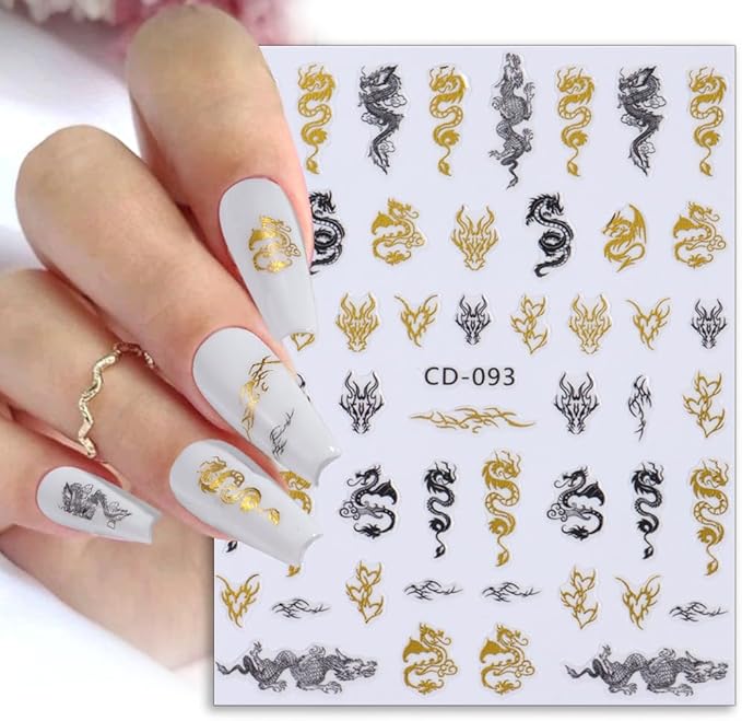 3D Gold Black Dragon Nail Stickers for Chinese New Year Dragon Nail Art Designs
