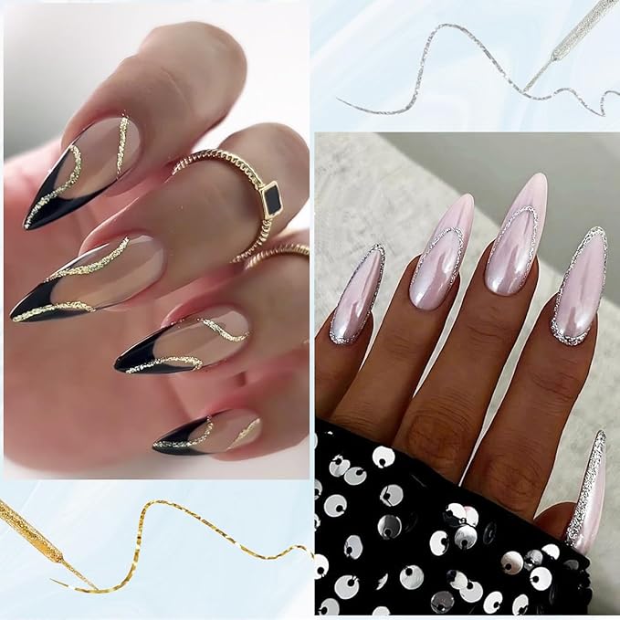 Gold And Silver Gel Nail Polish 4PCS Metallic Liner Nail Art Polish Mirror Chrome Effect Metal Paint French Tips Wave Flower Dotting Drawing Nail Polish With Thin Brush