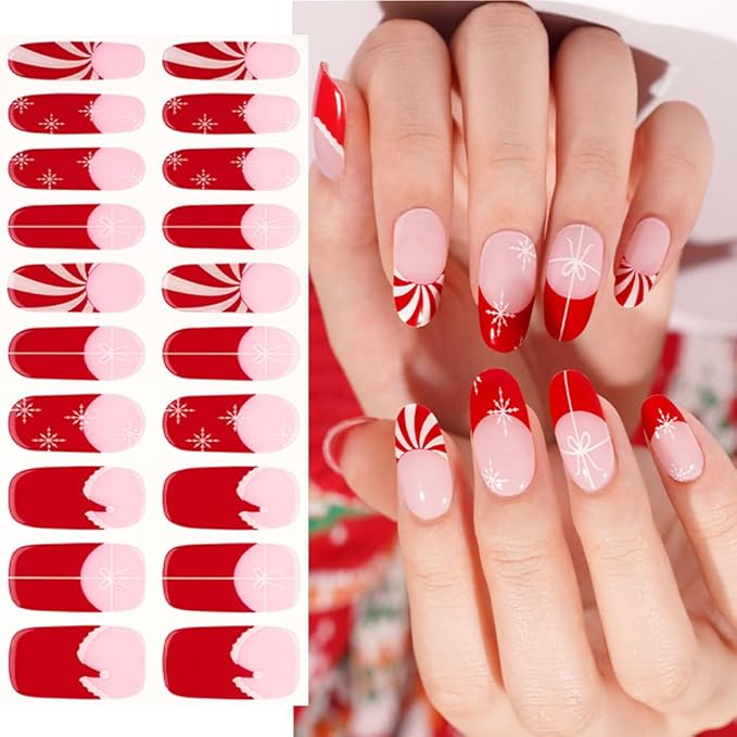 Semi Cured Gel Nail Strips 20 Pcs Christmas Red French Tip Gel Nail Wraps, Stickers, UV Light Required Nail Art Design Decoration Accessories