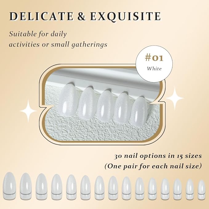 evpct Cat Eye Press on Nails Almond Short, Cat Eye Stick on Nails Press on, Pearl White Glitter Short Almond Press Stick on Nails, Fake Nails Press ons with Kits, 30Pcs Reusable Acrylic Fake Nails Kit