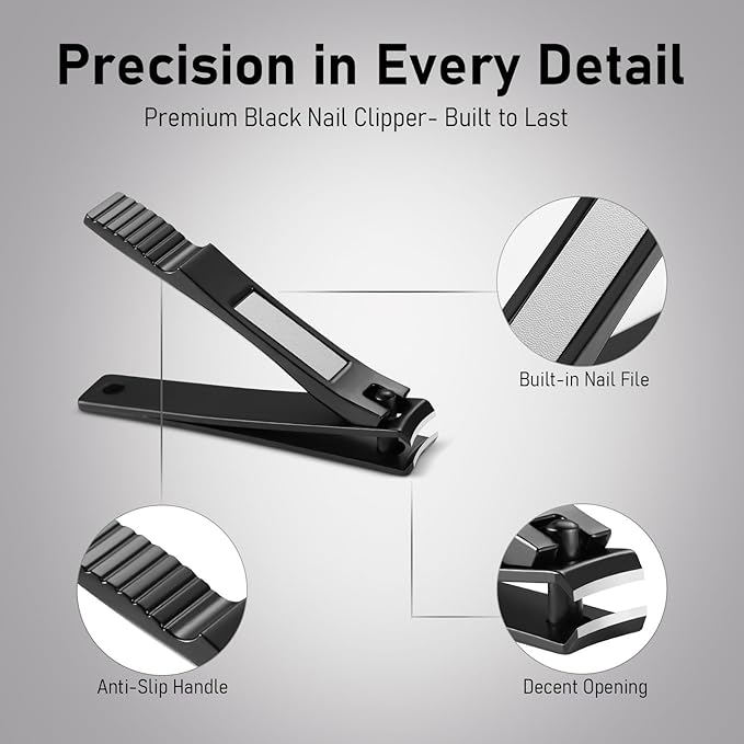 Nail Clippers Set 3 Pack, Ergonomic Non-Slip Handle Sharp Stainless Steel & Zinc Alloy Fingernail and Toenail Clippers with Nail File, Large/Small Nail Cutter for Men & Women, Black