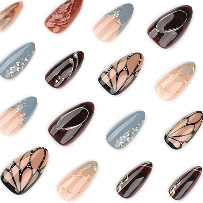 Butterfly Wing Press on Nails Medium Almond Fake Nails Brown Nails Press ons with Gold Accents Full Cover Stick on Nails for Women Spring Summer Manicure,Reusable | Glue Tabs | Easy Apply | 24Pcs
