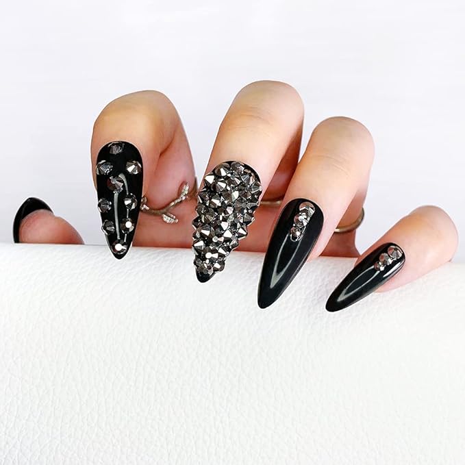 Morily 24pcs Fake Nails Black with Rhinestones Luxury Pure Color Medium Long Stiletto Almond Press on Nail False Tips Artificial Finger Manicure for Women (Glossy Crystal)