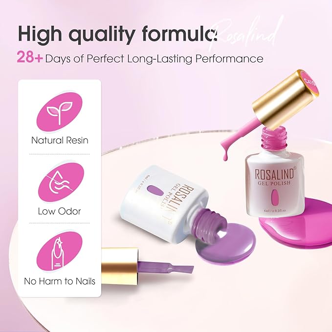 ROSALIND 30pcs Glass Bottle Gel Polish Set with Base and Glossy & Matte & Glitter Top Coat, 26 Colors Gel Nail Polish Set Pink Nude Yellow Black White Nails U V Needed Salon DIY Gift for Women