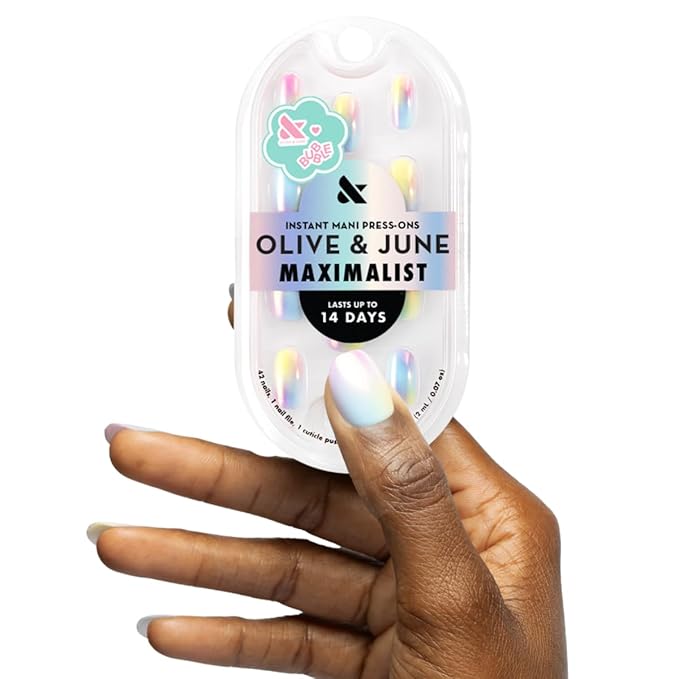 Olive & June Maximalist Instant Mani Press-On Nails (Glue) | 42 Fake Nails, 21 Sizes | Non-Toxic, Long-Lasting Big, Bold Gorgeous Realistic Look | Salon-Quality | Short, Round | Rainbow Aura Chrome