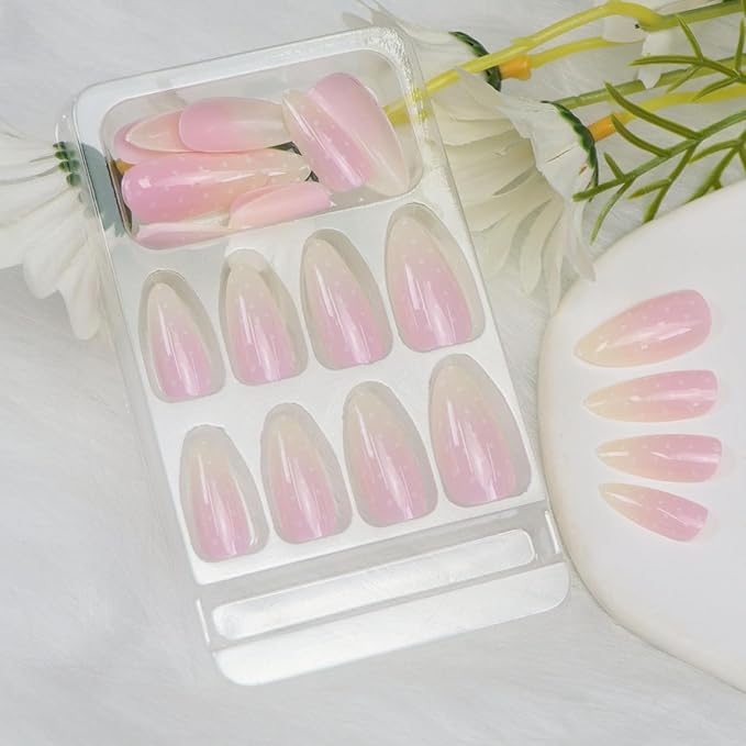 Press on Nails Almond Medium Light Yellow Pink Gradient Fake Nails with Dots Designs Glossy Nails Press ons Acrylic Nail Cute Winter Stick on Nail for Women 24 Pcs
