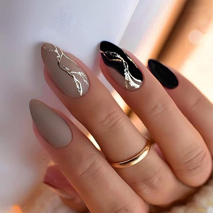 Almond Press on Nails Medium Fake Nails with Designs Brown Black False Nails Press ons Gold Foil Matte Full Cover Acrylic Glue on Nails Cute Artificial Stick on for Women Decorations 24Pcs