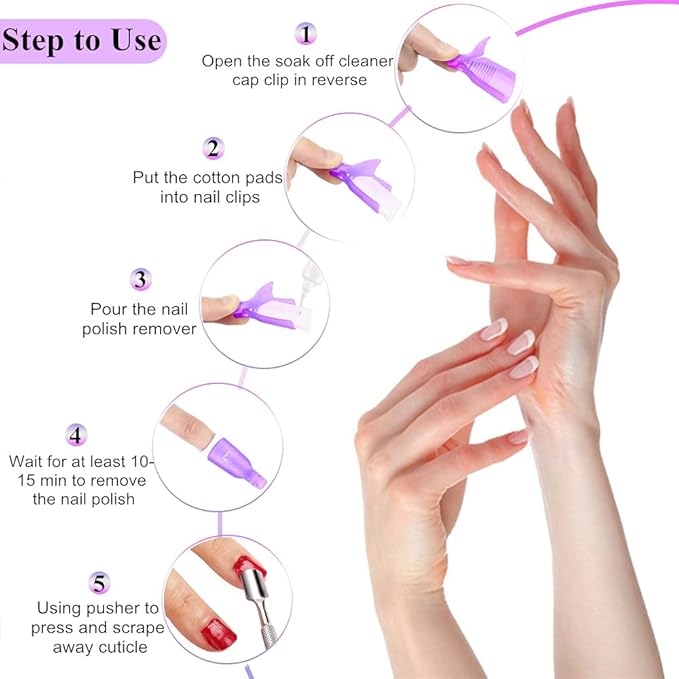 Nail Polish Gel Remover Tools Kit, Soak Off Cap Clip, UV Gel Polish Cuticle Pusher, 200ml Dispenser Bottle, 600 PCS Cotton Pads, Handle Brushes, 100/180 Nail File, Buffer Block, Finger Separators