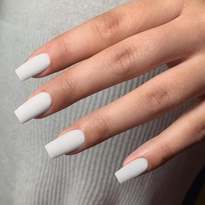 KQueenest Matte White Press on Nails Long Medium Square, Milky White Fake Nails Medium Coffin, Sheer Color Acrylic Nails Press ons, Reusable Soft Gel Glue on Nails for Women Fall Winter