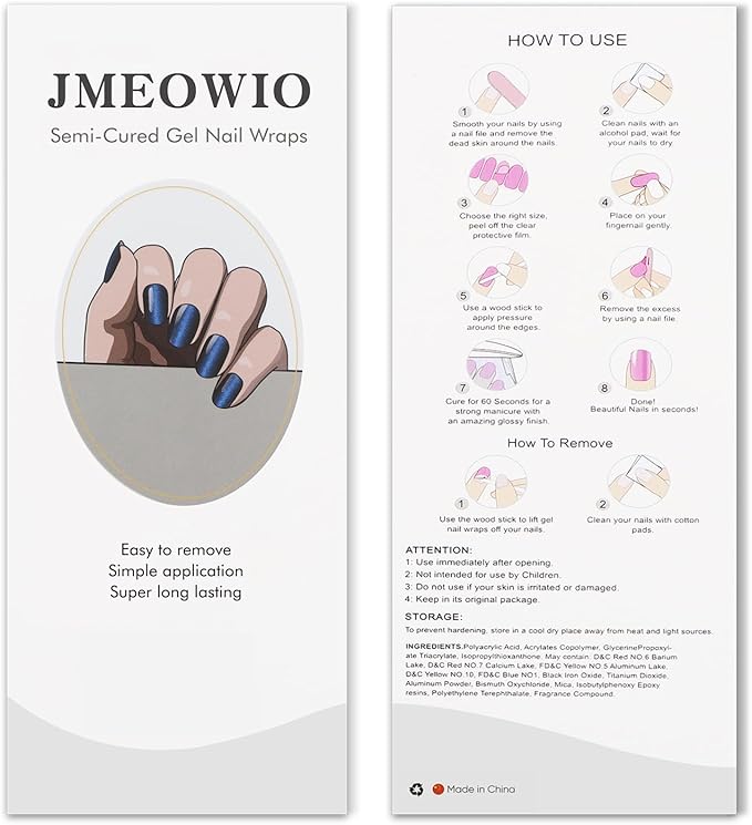 JMEOWIO Gel Nail Stickers Dark Blue Cat Eye Semi Cured Gel Nail Strips Wraps UV/LED Nails Art Design Decoration Accessories