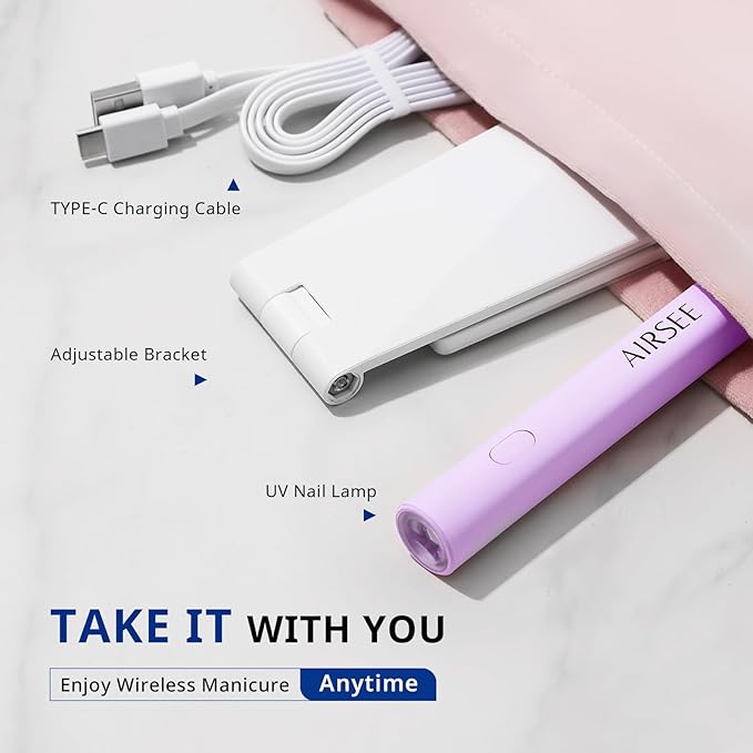 AIRSEE Mini Handheld UV Light with Stand,Portable Rechargeable Nail Lamps,2 Timers for Fast Nail Extension,Rhinestone Glue Decoration,Gel Strips at Home,Travel(Purple)