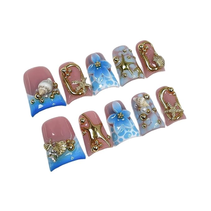 Handmade Press on Nails Medium Duck Fake Nails Blue Gradient French False Nails with 3D Flower Art Designs Muti-Layer Gel Thick Luxury Acrylic Handmade Nail for Women 10Pcs(Size M)