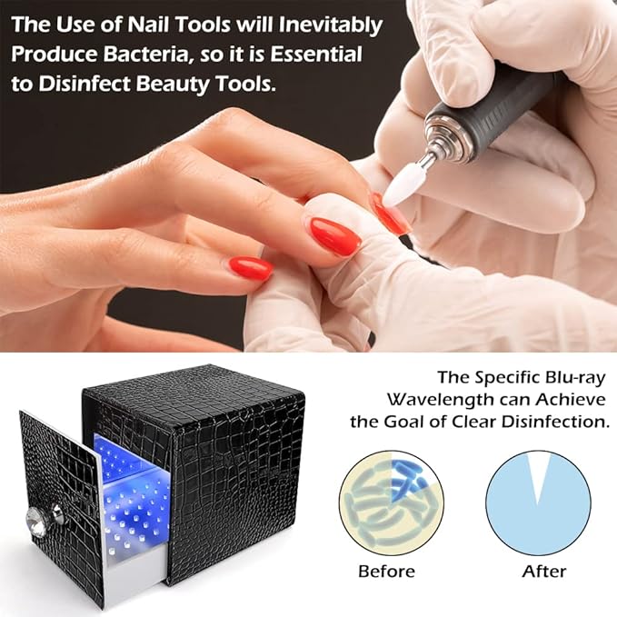 Nail Drill Bit Holder,Blue UV Light Box for Grinding Heads Dustproof Stand Displayer Acrylic 48 Holes Nail Salon Organizers Manicure Tools with USB Charging, Black (Not Inlcude Drill Bits)