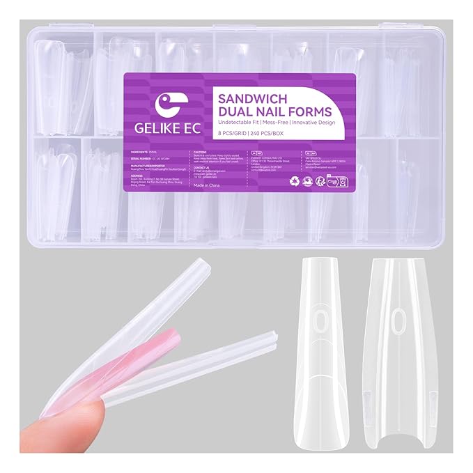 Gelike EC Sandwich Dual Nail Forms: Save 70% Times for Reusable Nail Extensions - Long Coffin Nails Mold for Building Gel/Polygel/Acrylic - 240Pcs 15 Sizes Trim To Fit Short/Medium/Long Styles