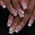 Pink Fake Nails Bow False Nails Full Cover Acrylic Square Medium French Flower Fake Nails for Women and Girls 24PCS