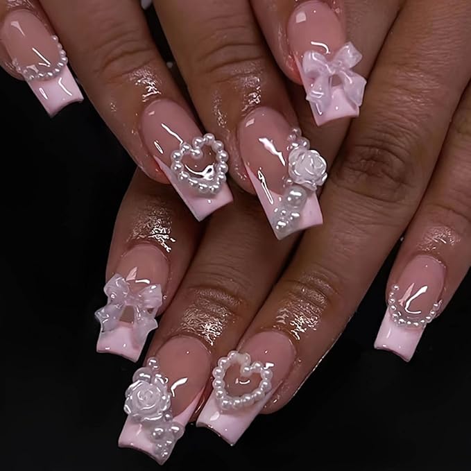 Pink Fake Nails Bow False Nails Full Cover Acrylic Square Medium French Flower Fake Nails for Women and Girls 24PCS