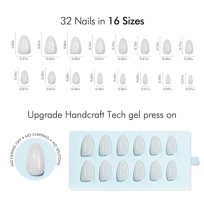 VSALON Almond Short Press On Nails, Milky White Light Curable Sheer Jelly Finish False Nails, Reusable Gel Glue on Nails Kit with Glue - 32 pcs in 16 Sizes
