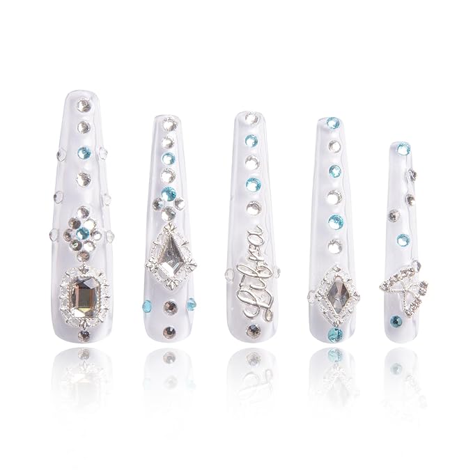 LOVFUL Press on Nails Libra | Handmade with Full Covered Crystals | Reusable Fake Nails | Coffin Long 2.2 in | H196-L